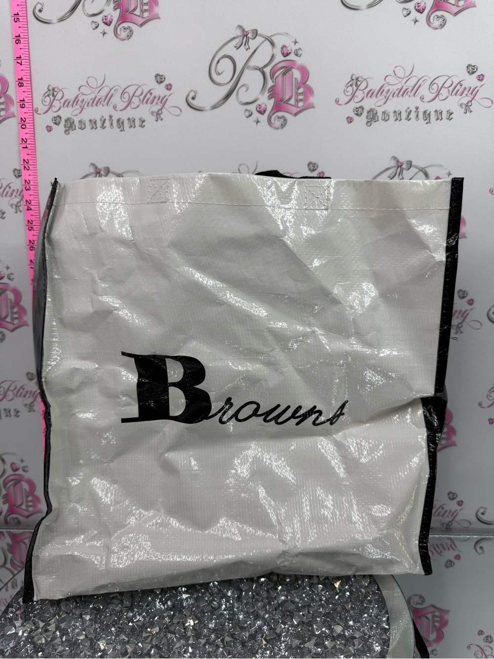 Browns shoes tote reusable sturdy White Tote Bag with Black Trim